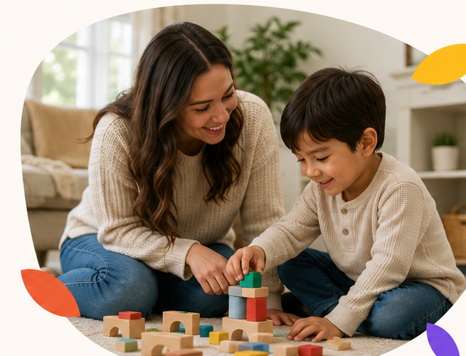 Parent and child playing together with blocks at home